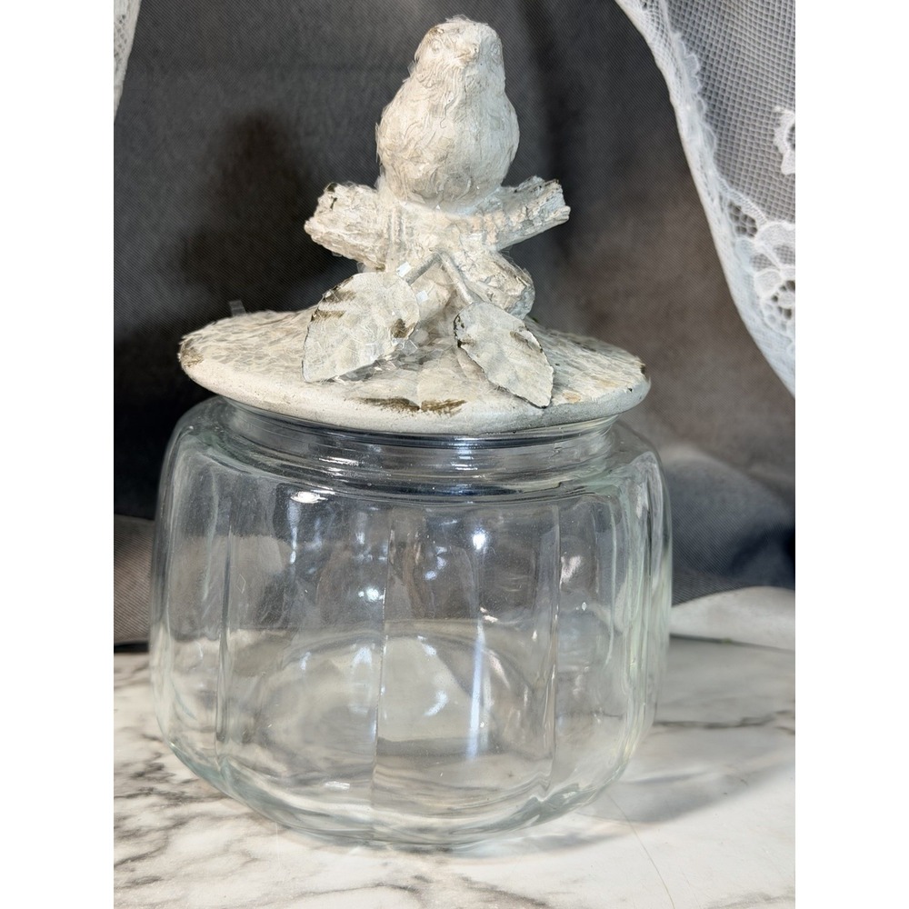 VTG Glass Pumpkin Jar: Bird & Snow Glitter Topped Ceramic Lid 7 x 5 (3057)